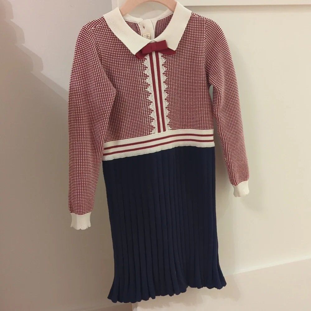 Girls Red and Navy Pleated Knit Dress with Collared Bow